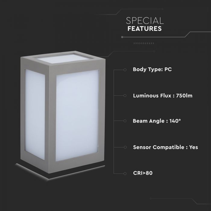 LED WALL LIGHT PC 12W WW 1250lm 170° 130X160X108 GREY IP65