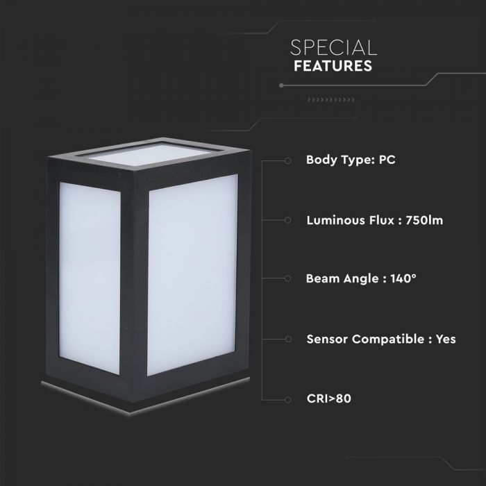 LED WALL LIGHT PC 12W CW 750lm 140° 130X160X108 BLACK IP65