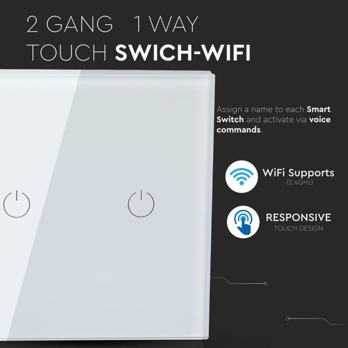 WIFI TOUCH SWITCH PC/GLASS COMAPATIBLE WITH Amazon Aleza & Google Home 2 GANG 2200W 10A IP40