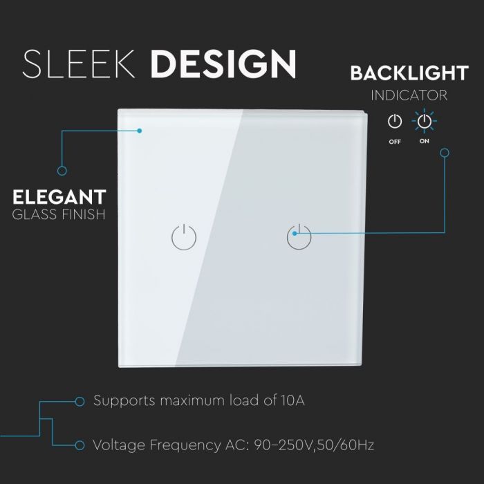 WIFI TOUCH SWITCH PC/GLASS COMAPATIBLE WITH Amazon Aleza & Google Home 2 GANG 2200W 10A IP40