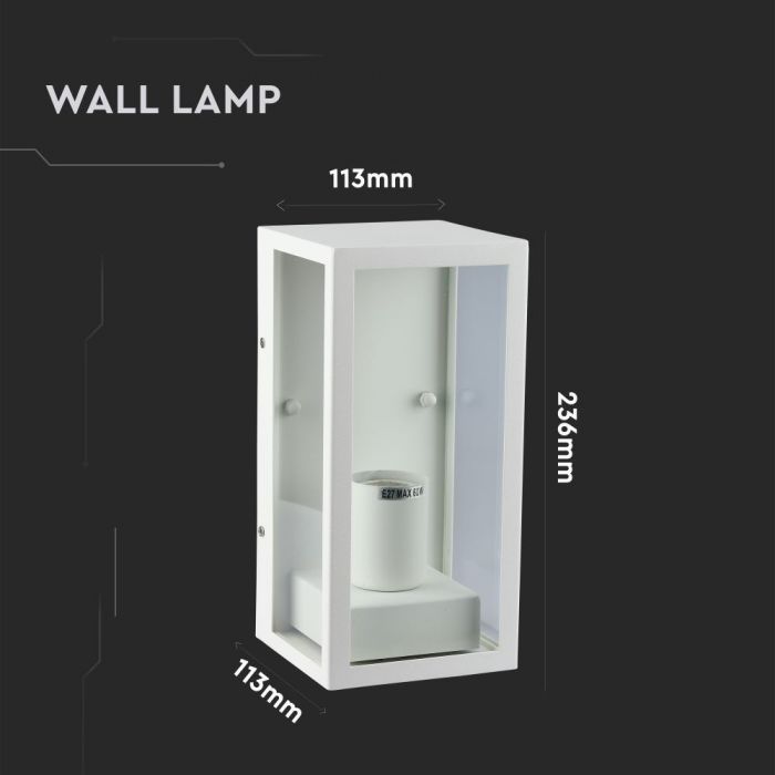 LED WALL LIGHT E27 113X236X113 MAT WHITE ALUMINIUM+CLEAR GLASS IP44