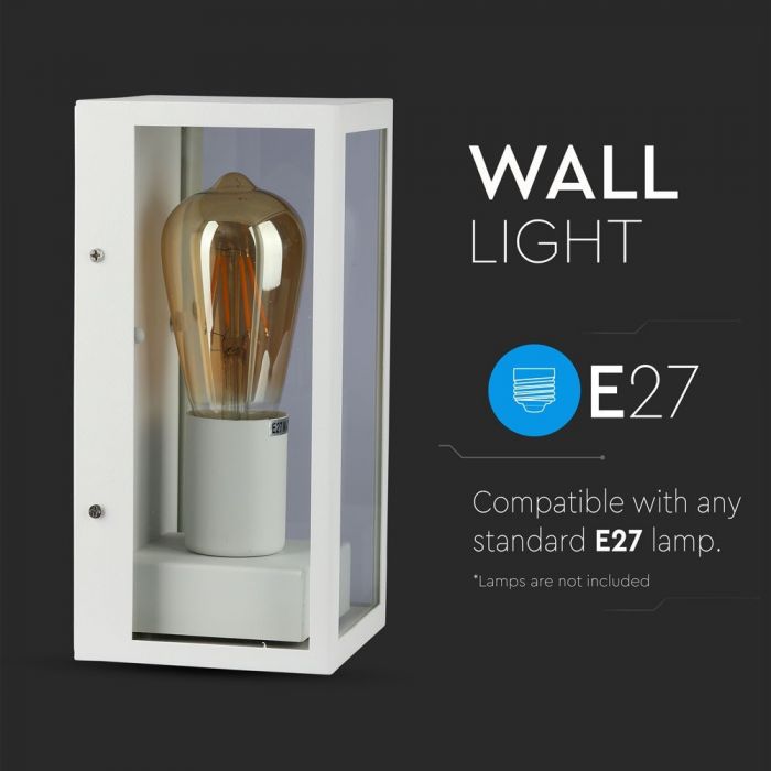 LED WALL LIGHT E27 113X236X113 MAT WHITE ALUMINIUM+CLEAR GLASS IP44