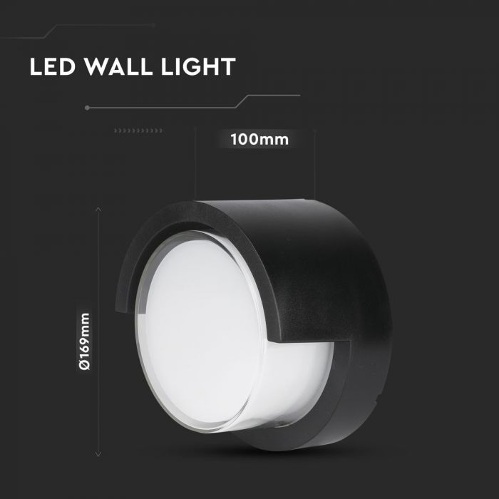 LED WALL LIGHT ROUND 12W WW 1200lm 128° 169X100 PC BLACK IP65