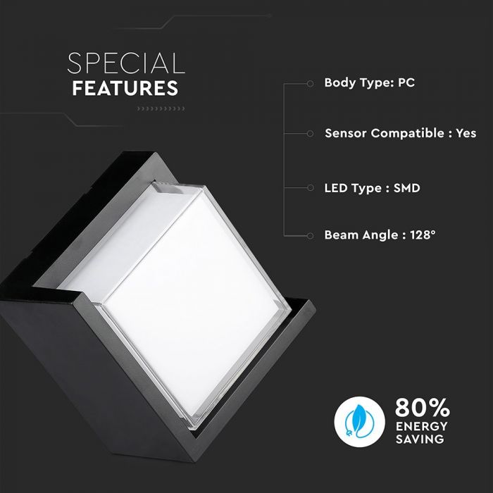 LED WALL LIGHT SQUARE 12W DL 1160lm 120° 160X100 PC BLACK IP65