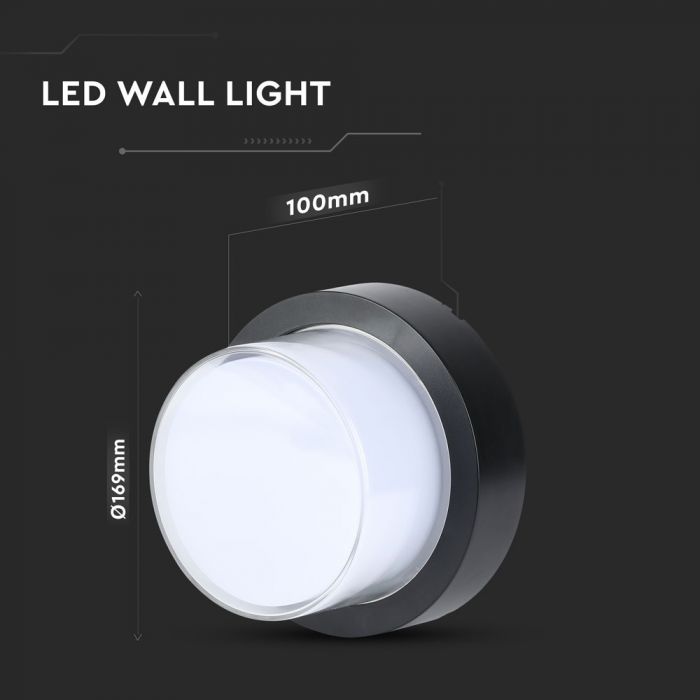 LED WALL LIGHT ROUND 12W DL 1200lm 128° 169X100 PC BLACK IP65