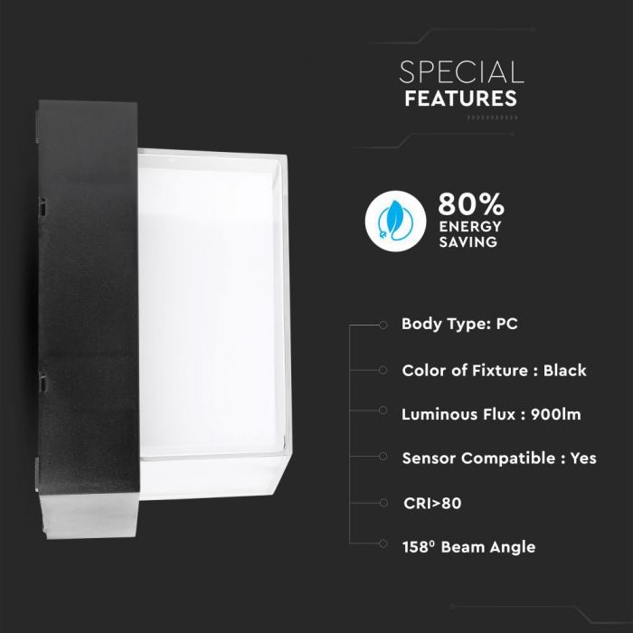 LED WALL LIGHT SQUARE 12W WW 1200lm 150° 160X100 PC BLACK IP65