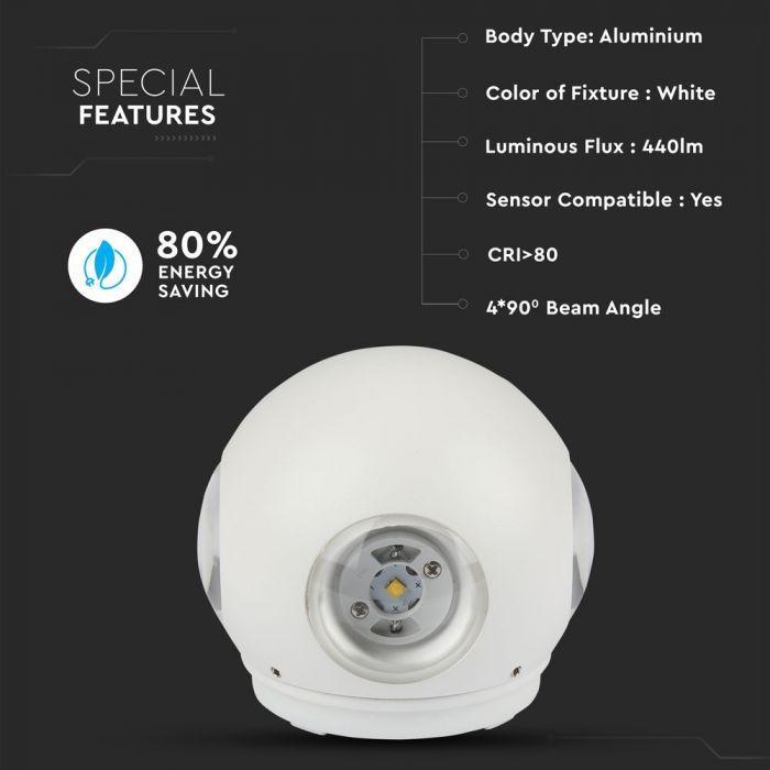 LED WALL LIGHT ROUND ALUMINIUM 4W DL 440lm 4*90° 112X112X100 WHITE IP65