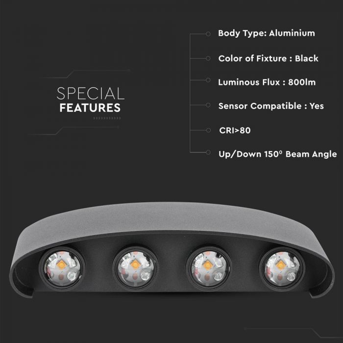 LED WALL LIGHT ALUMINIUM 7W WW 870lm 150° 220X48X90 SAND BLACK IP65