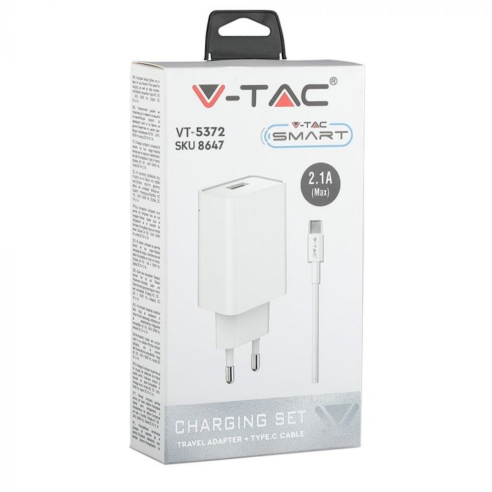 CHARGING SET WITH TRAVEL ADAPTOR - TYPE C USB CABLE 2.1A WHITE