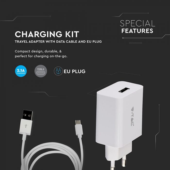 CHARGING SET WITH TRAVEL ADAPTOR - TYPE C USB CABLE 2.1A WHITE