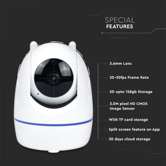 INDOOR CAMERA WIFI IP 2 WAY AUDIO WITH SPEAKER MICROPHONE 3MP 5V WITH AUTO TRACK FUNCTION IP20